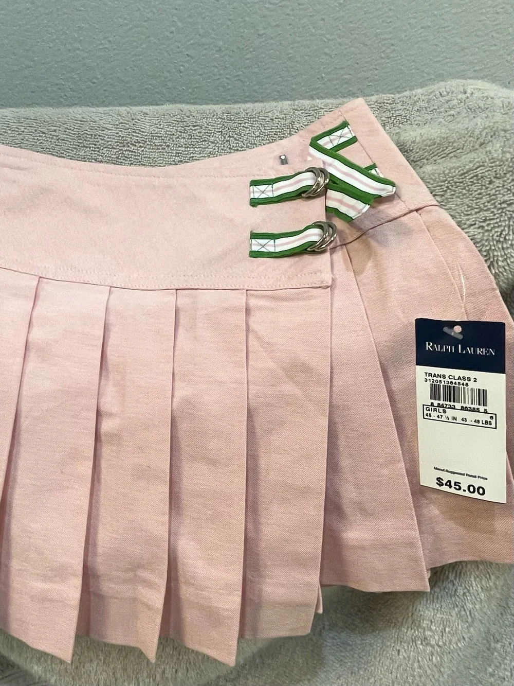 Ralph Lauren Light Pink Pleated Skirt with Green-Trim Buckles